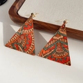 Detail view of triangular leather earrings with mandala patterns and gold hooks on display - Ear Hook-Multicolor-Triangle