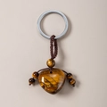 Tiger Eye stone heart keychain with handmade woven cord and polished natural brown beads - Yellow Tiger Eye