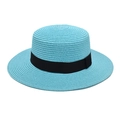 Close-up of sky blue boater straw hat featuring a wide brim and decorative black ribbon - M (56-58cm) / Lake Blue