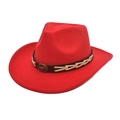 Close-up of red felt western cowboy hat featuring a black leather belt with metal buckle - Red