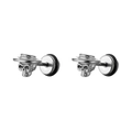 Detailed close-up of 316L stainless steel skull earrings with straw hat design - Single Piece / Silver