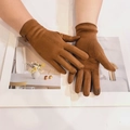 Brown faux suede winter gloves featuring a bow accent and floral touchscreen embroidery - Coffee Embroidery