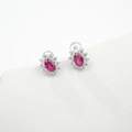 Elegant S925 silver stud earrings with oval red ruby stone and white zircon halo - 925 Silver / Lab-Grown Ruby