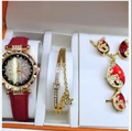 Elegant 5-piece jewelry gift set with red strap gold watch and matching gemstone jewelry - Red Set 3 (orange Box)