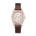 Close-up of Amadi rose gold watch featuring a rhinestone bezel and mesh Milanese strap - Coffee