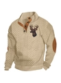 Beige herentrui met opstaande kraag, hertborduurwerk en bruine elleboogstukken - S / Tops / Kaki (Hertenkopopdruk)
