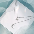Collana a doppio strato con pendenti a luna e stella a otto punte con zirconi - Argento