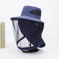 Blue outdoor sun hat with integrated mesh face cover and neck flap protection - Veil Shawl / Navy Blue