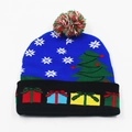 Blue Christmas knitted hat with colorful snowflake and tree patterns and tri-color pompom - Single Hat Style 26 / Blue (Christmas Tree Pattern)