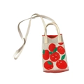 Detail of knitted mini bag featuring red strawberry patterns and woven shoulder strap - Fruit Beige