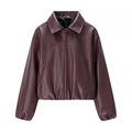 Veste pour femme en similicuir bordeaux avec col à revers et fermeture éclair sur fond blanc - S / Brun Rougeâtre