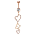 Detailed view of rose gold belly ring with sparkling zircon and triple heart charms - 2748 Rose Gold Triple Heart