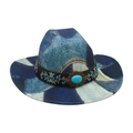 Cappello da cowboy patchwork denim blu con ricamo etnico e grande gemma turchese - Taglia unica / Blu Reale (M Cintura in Denim Ricamata)