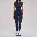 Women's seamless navy blue two-piece yoga set with crop top and high waist leggings - S / Short Sleeve + Pants — Badge Blue