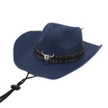Dark blue woven straw cowboy hat with colorful geometric band and silver bull charm - Navy Blue