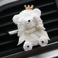 White teddy bear car air vent clip with gold crown and beige ribbon decoration - Gold Crown/Beige Ribbon
