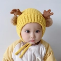 Yellow knitted baby winter hat with cute deer antlers and plush ears for warmth - Chestnut Yellow Deer - Lined