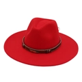 Detailed close-up of a red fedora hat with a braided band and a golden feather ornament - Adult (57-60cm) / Red Heart (Gold Feather)