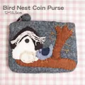 Gray wool felt bird nest coin purse with forest embroidery and 12x15.5cm dimensions - Bird Nest