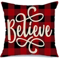 Red and black plaid Christmas pillowcase featuring white cursive Believe text print - A-16