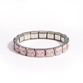 Detailed macro view of silver stainless steel Italian charm bracelet with pink daisy pattern - Pink Base White Floral Style (款式19)