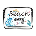 Clear PVC makeup bag with black zipper featuring beach survival kit print on white background - 041-Starfish Shell Survival
