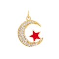Gold plated moon and star pendant with red enamel inlay and clear cubic zirconia - Red Moon Star