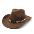 Detail of brown western wool fedora with leather band and metal bull head emblem - M (56-58cm) / Brown