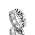 Macro detail of rotating chain structure and gear texture on silver stainless steel ring - Number 7 / Steel