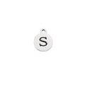 Macro shot of mirror-polished stainless steel round pendant with engraved letter S - Steel Letter S