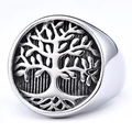 Vintage Tree of Life stainless steel ring for men with polished silver finish and black details - Size 16 / Silver Tree Of Life (18412)