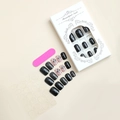Detailed view of black and pink snowflake press-on nail kit with tools and packaging - Black Pink Snowflake Glitter Style (XA-81-01)