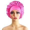 Pink wide-brimmed satin sleep cap with white star prints and soft elastic band - 10881 Pink White Star
