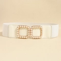 Detail view of a white elastic waist belt with pearl-embellished square buckles on leather - 19437 White