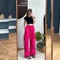 Women's American retro high waist cargo pants in rose red wide leg loose style - S / Rose Red