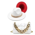 White wool fedora with gold chain and matching quilted handbag set with red lining - M (56-58cm) / White + Red