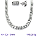 Silver stainless steel Cuban chain necklace 450x15mm with iced out diamond box clasp - Silver Cuban Link Necklace Rhinestone Clasp 450x15mm(KN93825-Z)