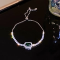 Silver adjustable bracelet with emerald cut green stone and pave set zircons - Square Style (14#)