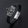 Pulsera de cuero trenzado negro para hombre con cierre magnético en forma de cobra - Color Acero