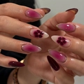 Uñas postizas almendradas con degradado púrpura, diseño floral y bordes dorados finos - Forma de Almendra Larga / Estilo Floral con Degradado Morado Oscuro (JP3826)