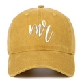 Detailed view of white 'mr.' 3D embroidery on a mustard yellow vintage washed baseball cap - Yellow Mr.