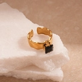 Detail of gold open ring with lava texture and a square black stone on white stone - Lava Texture Black Square Style (TR96)