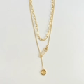 Gold layered stainless steel necklace with paperclip chain, safety pin and button pendant - Gold