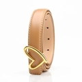 Elegant women's skinny belt in camel brown leather with a gold heart-shaped metal buckle - Khaki