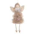 Ange de Noël en peluche rose avec tête en bois et ailes pailletées sur fond blanc neutre - Pendentif Ange Cheveux Bouclés / Marron