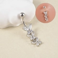 Close-up of triple butterfly dangle belly ring with clear cubic zirconia in silver - 1.6*10mm / Triple Butterfly Pendant Style (F)
