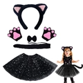 Set costume da gatto nero 5 pezzi con cerchietto, coda, zampe, papillon e tutù - Nero Set da 6 Pezzi