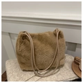 Close-up of khaki plush shoulder bag with fluffy texture and faux leather strap - Khaki Without Pendant
