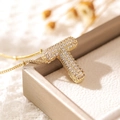 Gold plated letter T pendant necklace with sparkling cubic zirconia on a chic chain - Letter T (18k Gold + Bead Chain)