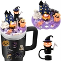 Halloween 40oz tumbler with glow-in-the-dark ghost house lid and pumpkin reaper straw topper - 40OZ-Halloween Purple Ghost Group